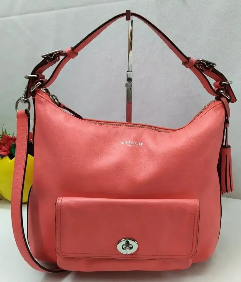Coach Courtenay Coral Pink Leather Turnlock Pocket Tassel Hobo Shoulder Bag
